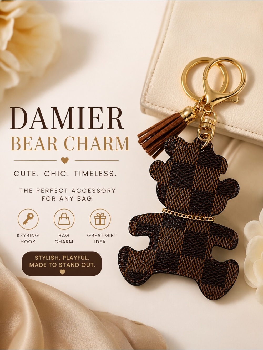 Damier brown Checkered Bear Keychain Gold Tone Tassel Bag Charm Designer Inspire